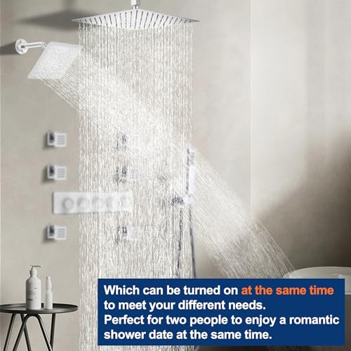 Thermostatic Shower System Dual Shower Heads with 16" Ceiling Mounted Rain Shower Head & 8" Wall Mounted Head 4 Function Full Body Luxury Shower System Can All Run Together, Polished Chrome - color: Polished Chrome
