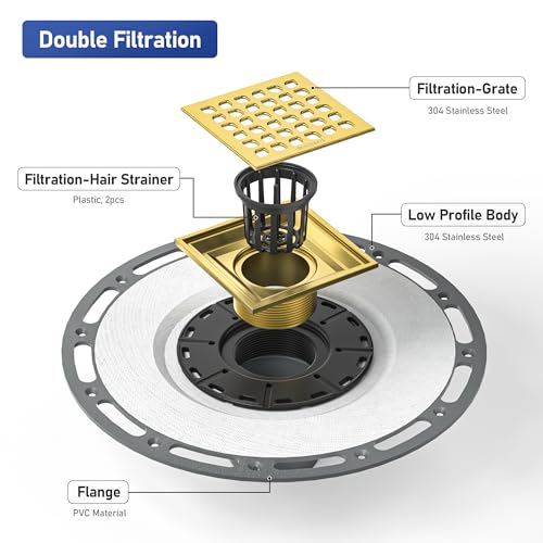 Square Shower Drain w/PVC Bonding Flange Base, 4" Gold | 304 Stainless Steel Drain w/ Drain Key for Low Profile Shower Tiles, CUPC Certified - color: Polished Gold4"