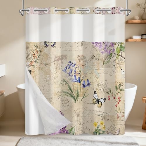 Hook-Free Shower Curtain and Liner Set, Vintage Floral Shower Curtain with Mesh Top Window and Weighted Hem, Retro Flower Butterfly Pattern Farmhouse Shower Curtains for Bathroom, 71x74 Inch - color: Vintage Floral