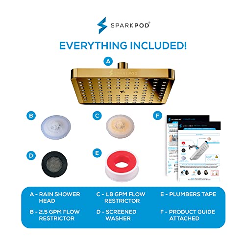SparkPod Rain Shower Head, 8 Inch Square, Egyptian Gold Finish | High Pressure Shower Heads, 90 Nozzles, Adjustable Showerhead, No Tools Needed, Universal Connection - color: Egyptian Gold, style: 8 Inch Square