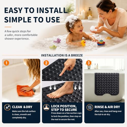 Yimobra Non Slip Bathtub Mat 40 x 16 Inch, Extra Long Shower Mat with Drain Holes, Machine Washable Baby Bath Mats, Strong Suction Cups for Bathroom Floor, Black - color: Black