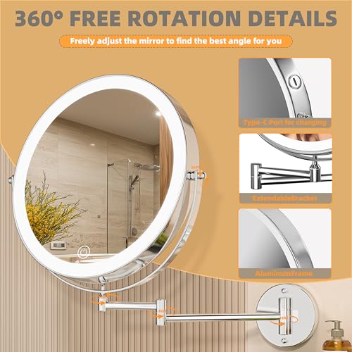 Wall Mounted Lighted Makeup Mirror with Extended Arm for Bathroom | Round 8.5 Inch Double Side 1X/10X Magnifying, 360° Swivel, 19.7 Inch Extended Arm, 3 Color Lights Dimmable, Rechargeable - color: Chrome