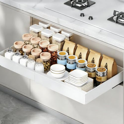 1PCS Expandable Pull Out Cabinet Organizer pots and pans organizer under cabinet Upgrade 3 Slide Rails Slide Out Drawers Roll Out Shelves Adhesive,Adjustable Width - size: (1pcs)16.54"D x 12.6~20.5"W x 2.76"H