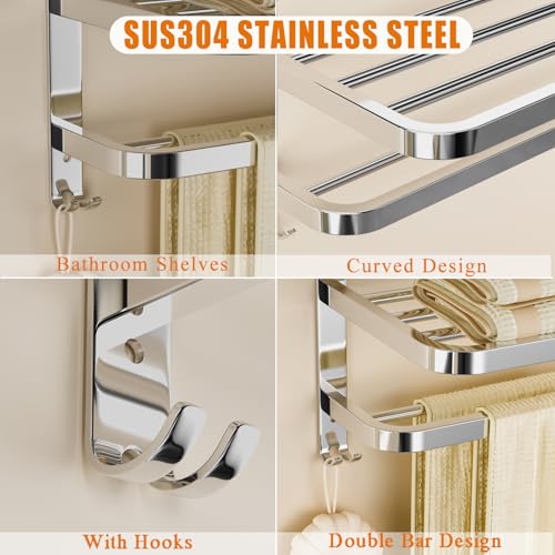 NICETAKU 23inch 3-Tier Towel Racks for Bathroom with Shelf, Multilayer Hotel Towel Holder with Hooks, Stainless Steel Wall-Mounted Brushed Finish Towel Bars, Silver - color: Silver