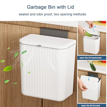 Kitchen Compost Bin Cabinet Hanging Small Trash Can with Lid 2.4 Gallon | Food Waste Bin for Counter Top Under Sink Rv Wall Mounted Bathroom Trash Can - color: white