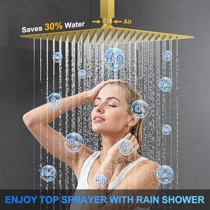 Shower Faucet Set, 12" Ceiling Mount Rainfall Shower System with 2 Rain Shower Head and Multi-function Handheld Head Push Button Diverter Shower Faucet Trim Kit (12", Brushed Gold) - color: Brushed Gold, style: 12"-Ceiling-01