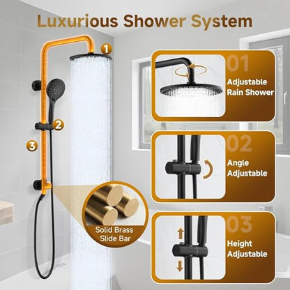 BRIGHT SHOWERS Rain Shower System Combo - 9 Inch Rainfall & Handheld Shower Heads with Power Wash, Solid Brass Rail, Height Adjustable Holder, 60 Inch Long Stainless Steel Hose, Matte Black - color: Matte Black, size: 1.8 Gallon Per Minute