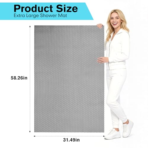 Extra Large Non-Slip Shower Mat, 58.26" x 31.49" Bathroom Shower Mat, Fast-Dry Drainage Hole PVC Bath Tub Mat, Anti Slip Bathroom Safety Accessory for Elderly/Kids, Gray