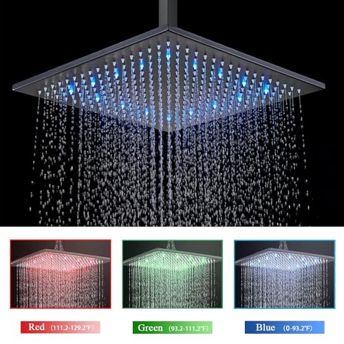 12 Inches Ceiling Mount Shower Faucets Sets Complete Shower System LED Rainfall Shower Head System Rough-in Valve Body and Trim Included Matte Black… - color: Matte Black, style: 12"-led