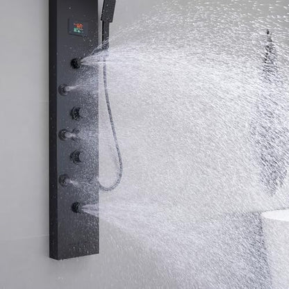 BWE Shower Panel Tower System LED Light Temperature Display 6-Function Stainless Steel shower system with Rainfall Waterfall Massage Body Jets Tub Spout and Handheld Shower, Matte Black