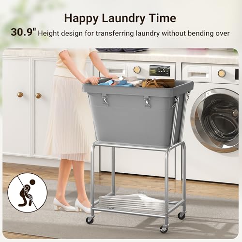 ELYKEN Rolling Laundry Hamper with Wheels, Removable Bag, Laundry Cart | Heavy Duty Metal Frame, 2-Tier Clothes Basket with Shelf, Ideal for Closet, Bedroom, Bathroom & Laundry Room - color: Gray, size: 20.3"L x 15.9"W x 30.9"H
