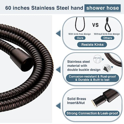 BRIGHT SHOWERS High Pressure Handheld Shower Head Set, High Flow Hand Held Showerhead with 60" Long Stainless Steel Hose and Adjustable Wall Bracket, 3 Spray Setting Shower Wand, Oil-Rubbed Bronze - color: Oil Rubbed Bronze, size: 2.5 Gallon Per Minute