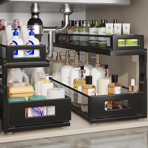 2 Pack 21.3IN-Depth Under Sink Organizer with Next-Gen Ball-Bearing Slides,2-Tier Pull Out Cabinet Storage,Height Adjustable Drawer Shelf for Bathroom,Kitchen,Laundry,Cabinet,Pantry-Black - color: Black, size: 2 Pack-21.3"Dx12.8"-16.9"H