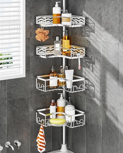 ALLZONE Corner Shower Caddy Tension Pole with 4 Repositionable Hang-On Baskets, Mixed-Height Shelves for Tall Bottles, 8 Dual Hooks & Soap Dish, Rust-Resistant Stainless Steel, Adjustable 34-116 Inch