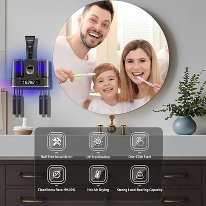 Electric Toothbrush Holders for Bathrooms, Dustproof Smart Toothbrush Holder Wall Mounted - 4 Brush/2 Cup, Auto Toothpaste Dispenser, Hot Air Drying & LCD Display,Toothbrush Cleaner (Gray) - color: Gray
