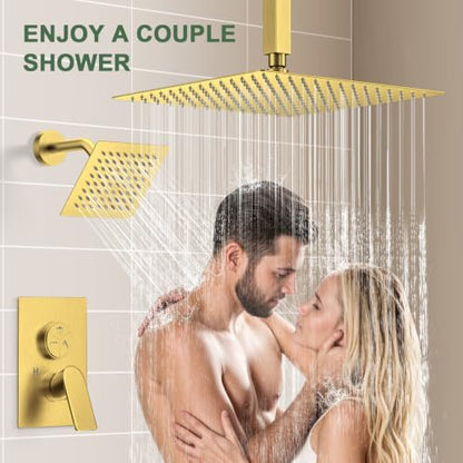 Gold Shower Faucet Set, Home Shower System with 3-Setting Push Button Diverter, 12" Ceiling Rain Shower Head & 6" Wall Mount Shower Head, 2-in-1 Handheld, Shower Valve Trim Kit - color: Brushed Gold