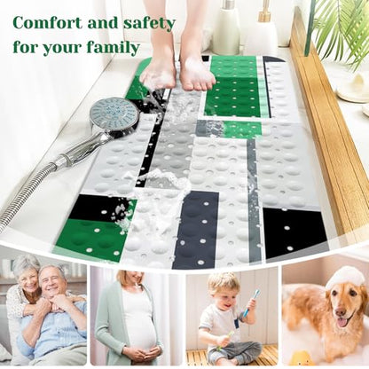 Green Black Bath Tub Mat Non Slip, Modern Geometric Large Washable Shower Mats with Drain Holes and Suction Cups,40 X 16 Inch - color: Green Black