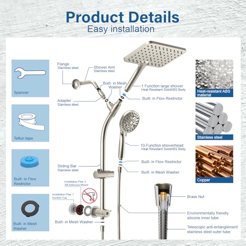 Rain Shower Head with Handheld High Pressure rainfall Shower Heads with Handheld Spray Combo,Brushed Nickel - color: Brushed Nickel