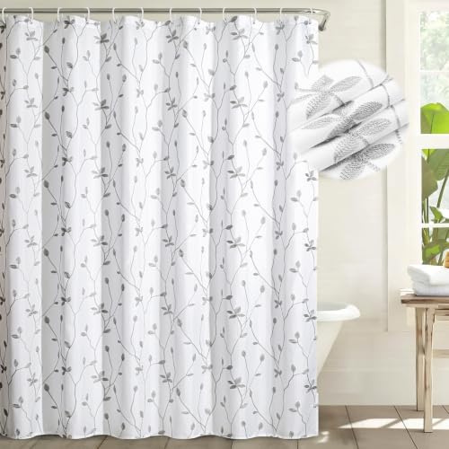 Embroidered Leaf Farmhouse Shower Curtain,Faux Linen,72Wx72L,White Grey | Boho Modern Shower Curtain Set, Washable & Waterproof Fabric, Floral Shower Curtains for Bathroom with Hooks - color: White Grey
