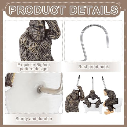 Roowest 12 Pcs Bigfoot Forest Monster Shower Curtain Hooks Western Shower Curtain Hooks Stainless Steel Rust Resistant Rings Hangers for Winter Farmhouse Rustic Bathroom Decor - style: Bigfoot Forest Monster