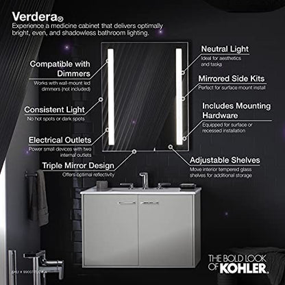 Kohler 99007-TLC-NA Verdera, Medicine Cabinet Mirror with Lights, Recessed or Surface Mount Bathroom, 24 in. W x 30 in. H - size: 24" W x 30"H, style: Lighted
