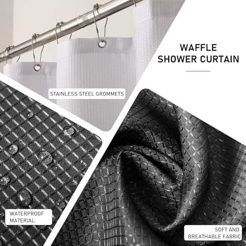 XLHOMO Black Bathroom Accessories Set with Wicker Trash Can Shower Curtain and Rugs,Bathroom Sets Small Waste Basket Bathroom Trash Can for Bedroom Bathroom - size: Wicker Bathroom Set+Shower Curtain+Bath Rugs, style: Black