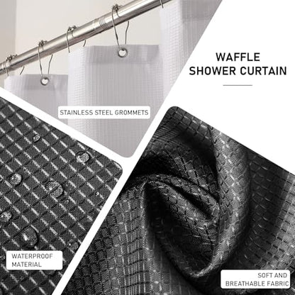 XLHOMO Black Bathroom Accessories Set with Wicker Trash Can Shower Curtain and Rugs,Bathroom Sets Small Waste Basket Bathroom Trash Can for Bedroom Bathroom - size: Wicker Bathroom Set+Shower Curtain+Bath Rugs, style: Black