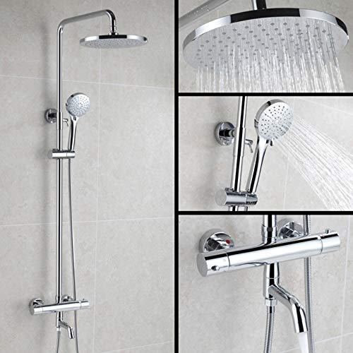 Chrome Thermostatic Rain Shower System with Tub Faucet, Wall Mounted High-Pressure Set with Multifunction Hand-Held Heads