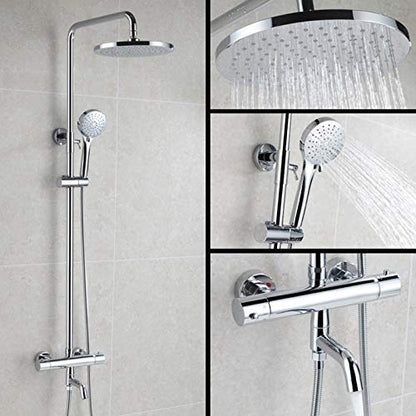 Chrome Thermostatic Rain Shower System with Tub Faucet, Wall Mounted High-Pressure Set with Multifunction Hand-Held Heads