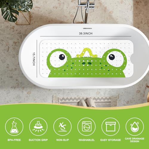 PRATIQUE Kids Bath Mat for Tub Non Slip，40 X 16 Inch Extra Long Kids Bathtub Mat Frog Bathtub Shower Mat Safety Anti Slip with Suction Cups and Drain Holes, Machine Washable - color: Frog