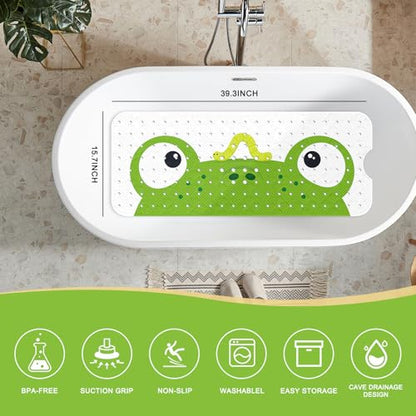 PRATIQUE Kids Bath Mat for Tub Non Slip，40 X 16 Inch Extra Long Kids Bathtub Mat Frog Bathtub Shower Mat Safety Anti Slip with Suction Cups and Drain Holes, Machine Washable - color: Frog