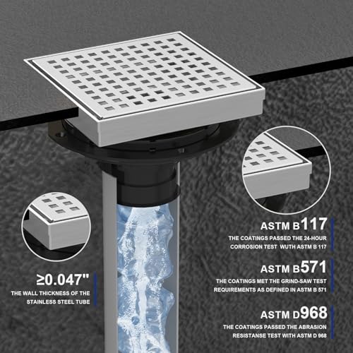 6 Inch Brushed Nickel Square Shower Drain with Removable Grate | AISI 304 Stainless Steel Shower Drain, Shower Floor Drain with Hair Catcher & ABS Flange, Fits Bathroom & Balcony etc - color: Brushed Nickel, size: 6 in