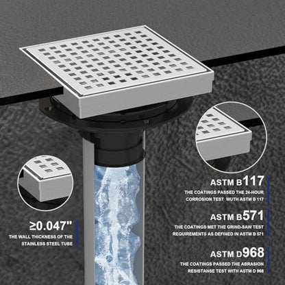 6 Inch Brushed Nickel Square Shower Drain with Removable Grate | AISI 304 Stainless Steel Shower Drain, Shower Floor Drain with Hair Catcher & ABS Flange, Fits Bathroom & Balcony etc - color: Brushed Nickel, size: 6 in