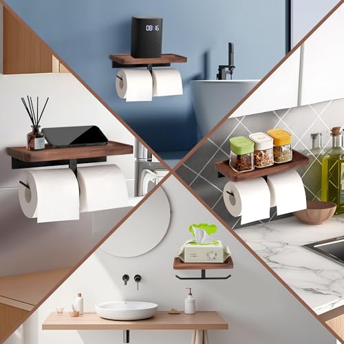 Double Toilet Paper Holder with Walnut Wood Shelf - Wall Mount & Self-Adhesive Bathroom Tissue Roll Holder, Black Stainless Steel with Walnut Shelf for Phone - Home Apartment Restroom - color: Walnut & Matte Black Double Hooks