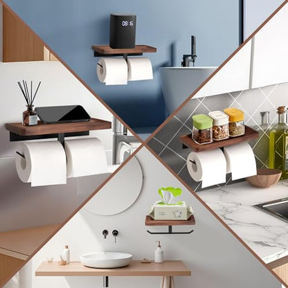 Double Toilet Paper Holder with Walnut Wood Shelf - Wall Mount & Self-Adhesive Bathroom Tissue Roll Holder, Black Stainless Steel with Walnut Shelf for Phone - Home Apartment Restroom - color: Walnut & Matte Black Double Hooks