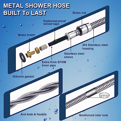 Metal Shower Hose - Extra Long Replacement, Stainless Steel, Universal 1/2" NPT Connection, Silver, 7 Feet, Kit of 1