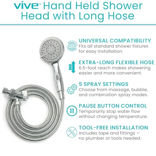 Vive High Pressure Handheld Shower Head - Hand Held Showerhead with 6.5 ft | Extra Long Hose, Detachable Showerhead, Multi-Setting Spray Combo for Bathroom, Pet Bathing, Stainless Steel Hose, Chrome