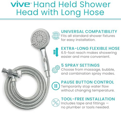 Vive High Pressure Handheld Shower Head - Hand Held Showerhead with 6.5 ft | Extra Long Hose, Detachable Showerhead, Multi-Setting Spray Combo for Bathroom, Pet Bathing, Stainless Steel Hose, Chrome