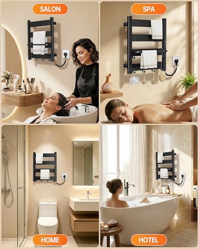 4-Bar Wall Mounted Heated Towel Rack for Bathroom, Matte Black | PTC Fast Heating to 170°F in 6 Minutes, Adjustable Temperature 110-170°F, 2-12H Timer, Space Aluminum Towel Warmer - color: Black, size: PTC 4-Bars