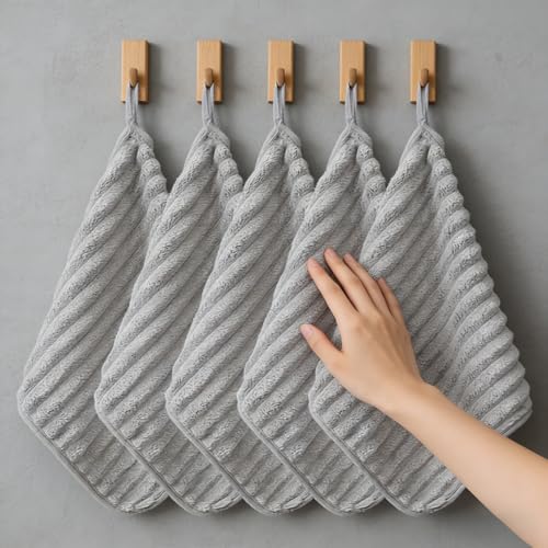 5pcs Hand Towel Set Super Absorbent Quick Dry Lint Free Hanging Loops 30x30cm for Bathroom Kitchen Travel Daily Use Home, Grey - color: Grey