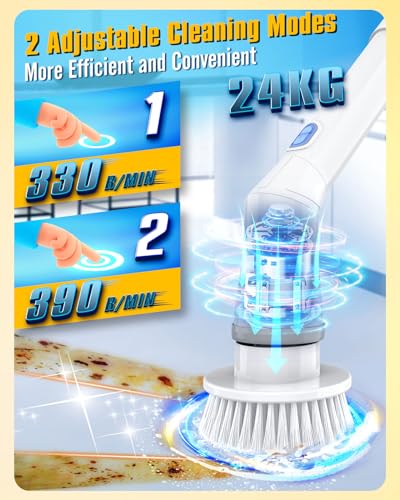 Electric Spin Scrubber, Cordless Shower Spin Scrubber with 6 Replacement Brush Heads & Adjustable Extension Arm, 2H Bathroom Scrubber Dual Speed, Power Spin Scrubber for Bathroom Car Floor Grout Sink