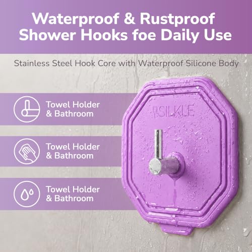 SILKLE Silicone Shower Hooks for Inside Shower, 2-Pack Adhesive Towel Hooks | Adhesive Shower Hooks, No Drill - Razor & Loofah Holders for Shower Wall, Heavy-Duty, Waterproof, Damage-Free - Purple - color: Purple