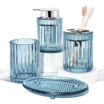 CERBIOR Bathroom Accessories Set, 4 PCS Glass Bathroom Set,Silver Blue | Includes Soap Dispenser, Toothbrush Holder, Toothbrush Cup, Soap Dish for Decorative Countertop and Housewarming Gift - style: Silver Blue