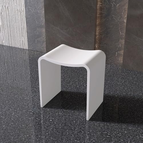 Matte White Shower Bench, Modern Solid Surface Bathroom Stool | Heavy-Duty Waterproof Chair Seat for Inside Showers and Outdoor Use, 400 lbs Capacity - Non-slip - color: White Curved