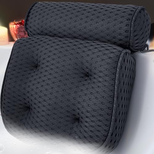 AEROiVi Luxury Bath Pillows for Tub Soft Mesh Strong 6 Suction Cups Black | Bath Pillow with laundry bag head and neck support Relaxing Bath Washable Quick-Dry Bath Accessories Spa Gifts - color: Black