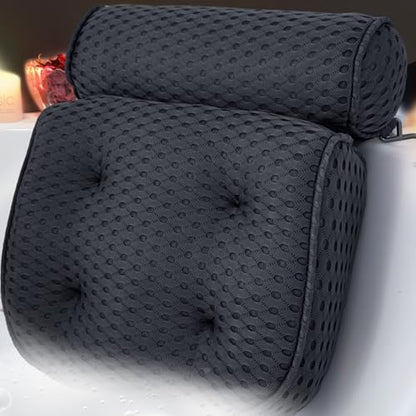AEROiVi Luxury Bath Pillows for Tub Soft Mesh Strong 6 Suction Cups Black | Bath Pillow with laundry bag head and neck support Relaxing Bath Washable Quick-Dry Bath Accessories Spa Gifts - color: Black