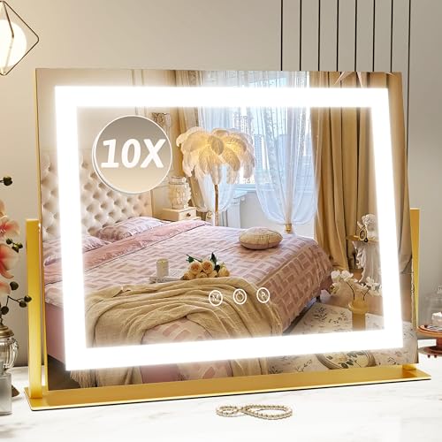 ROLOVE Vanity Mirror with Lights 22"x18", Lighted Makeup Mirror with 10X Magnification, Smart Touch 3 Colors Dimmable, 360° Rotation, Women Gift, Dresser Mount, Bathroom (Gold) - color: Gold, size: 22"L x 18"W