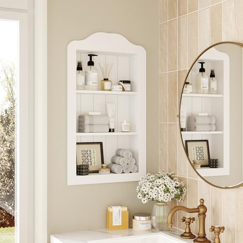 CJL 14'' x 24'' Victorian Recessed Medicine Cabinet, Solid Wood in-Wall Bathroom Cabinet, Wall Niche Shelf, 3-Tier, No MDF, White - color: White, size: 14"x24"x3.75"