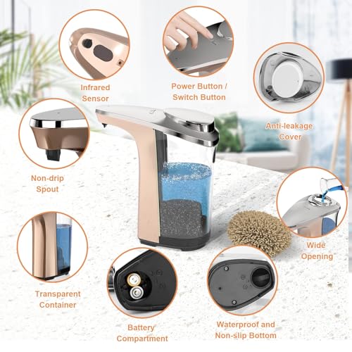 Automatic Soap Dispenser, 17oz Touchless Liquid Dish Soap Dispenser Kitchen | 17OZ Large Capacity, Infrared Sensor, 5 Adjustable Soap Levels, Hand Dispenser for Bathroom Kitchen Sink, Battery Operated - color: Rose Gold