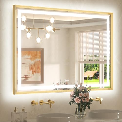 48 x 36 Bathroom LED Mirror Brushed Gold Metal Frame Frontlit & Backlit Vanity Mirror Stepless Dimmable Anti-Fog 3 Colors White/Warm/Natural Light up Vanity Mirror Wall-Mounted - color: Brushed Gold, size: 36"L x 48"W